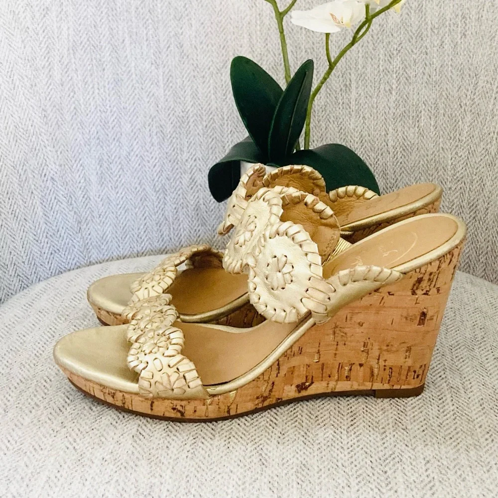 Jack Rogers Gold Leather Wedge Slide Sandals